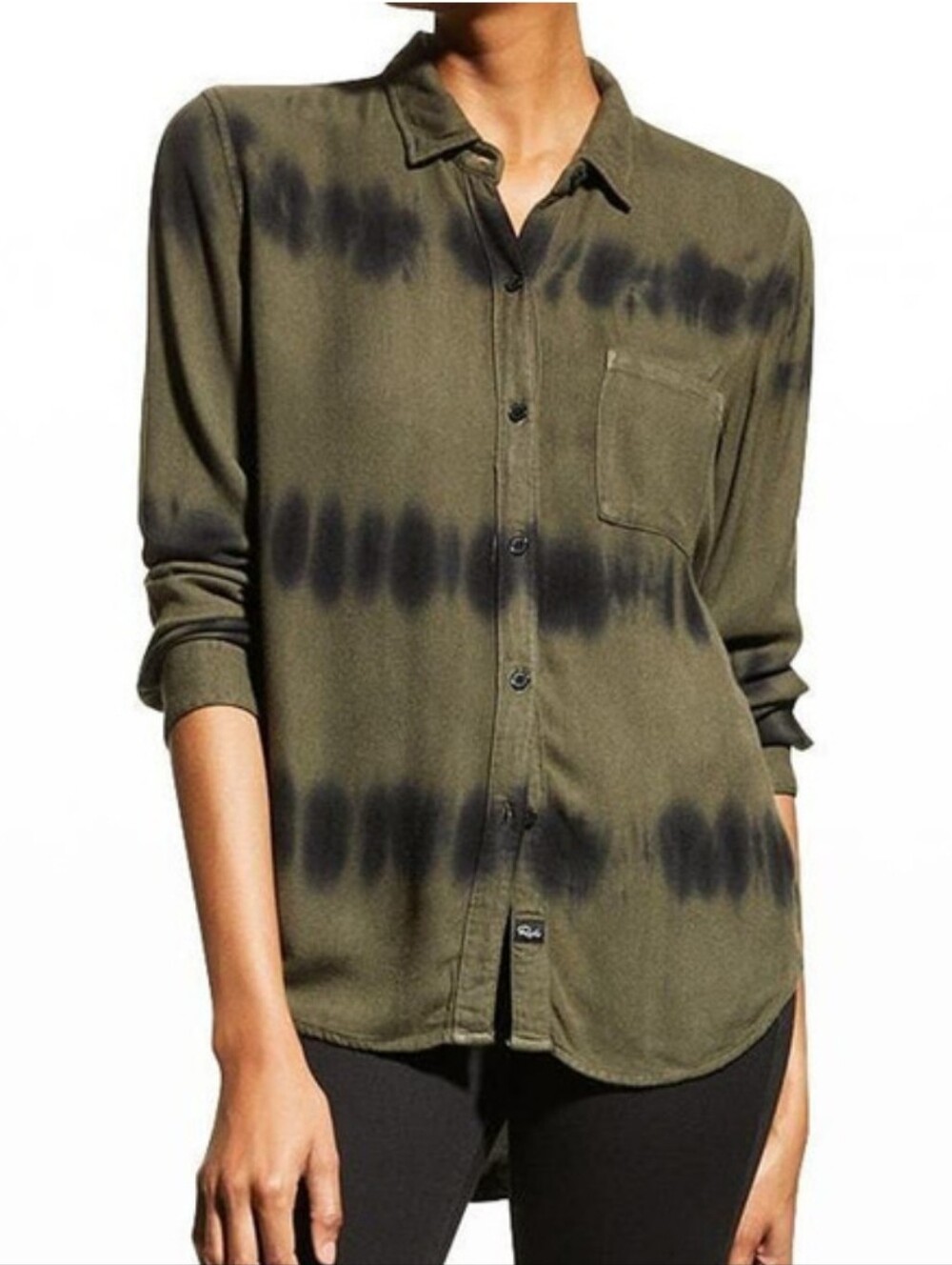RAILS Olive Black Waves Tie Dye Rayon Button Down Shirt, Small